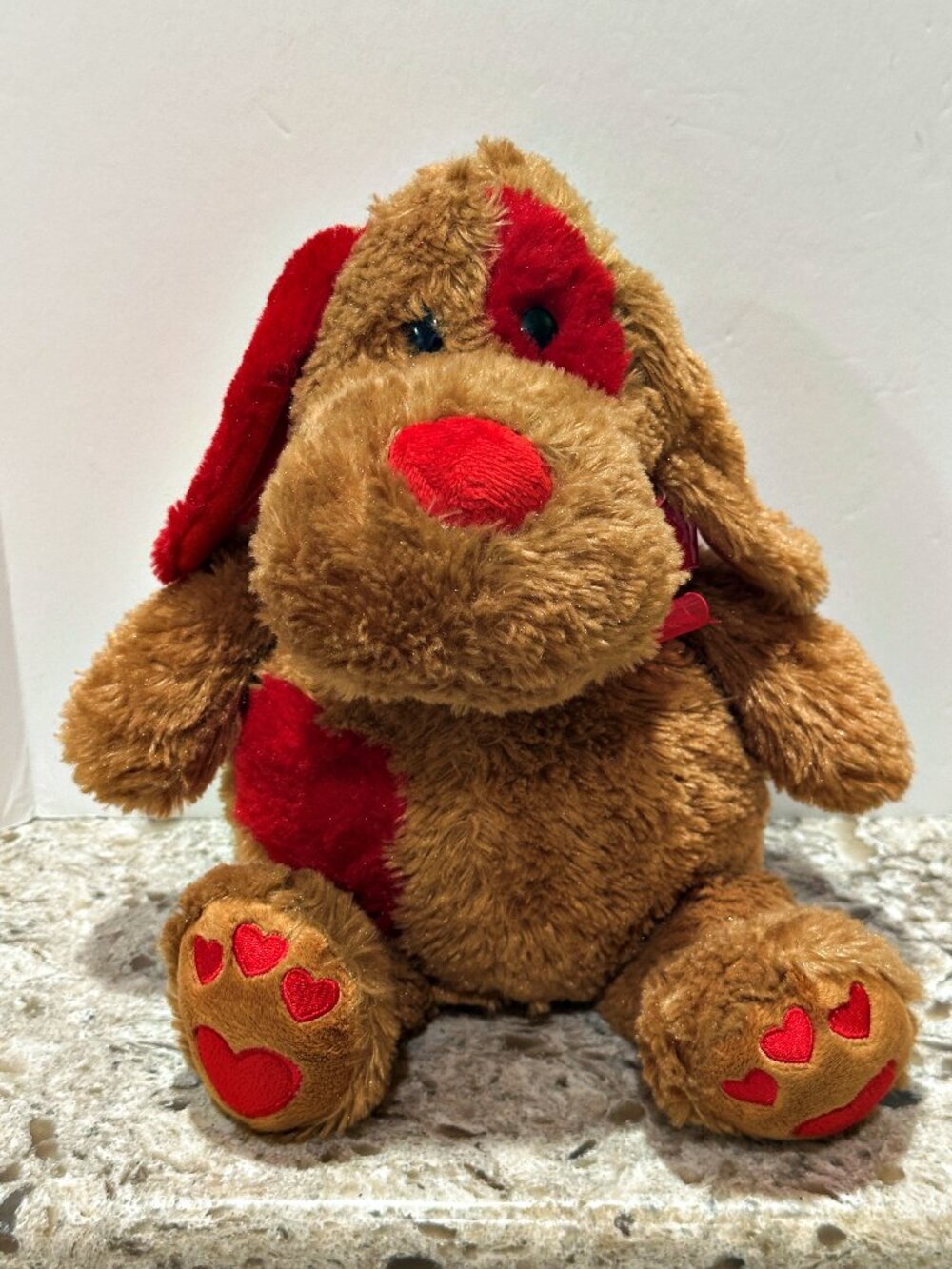 Nova World Brown Puppy Dog Plush Red Hearts Bow 14 Inch Stuffed Animal Soft Toy